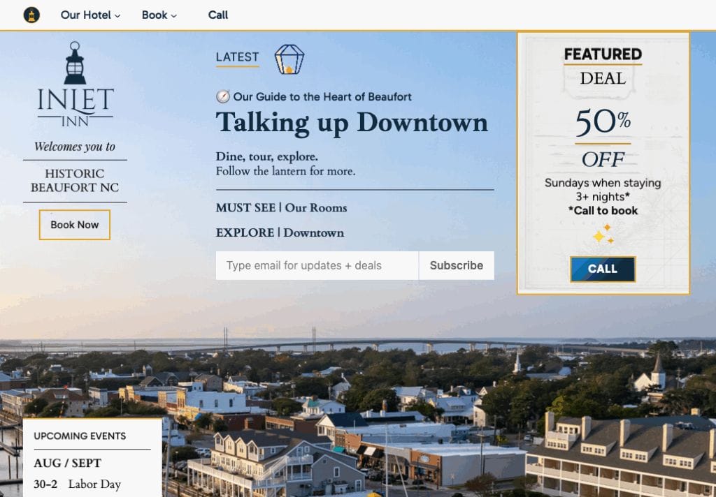 Screenshot of Inlet Inn's website homepage being used to promote a new website and Beaufort's best rates of the Summer.