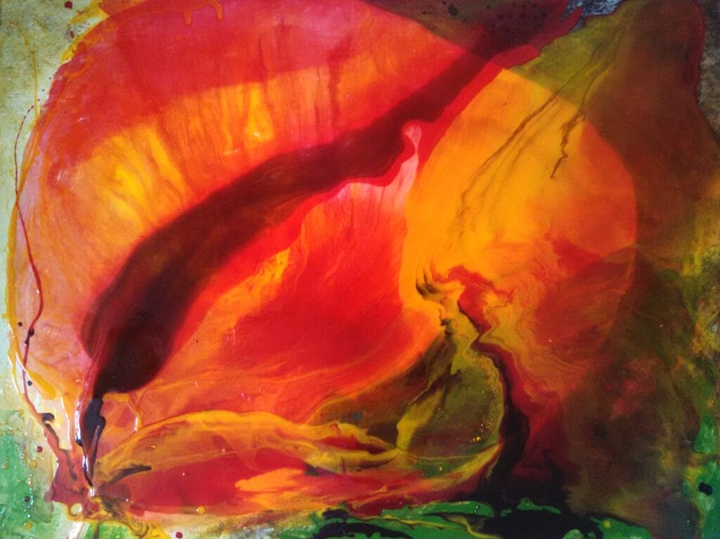 A painting called Bursting Forth, by Fall Art Walk featured artist, Sally Anger.